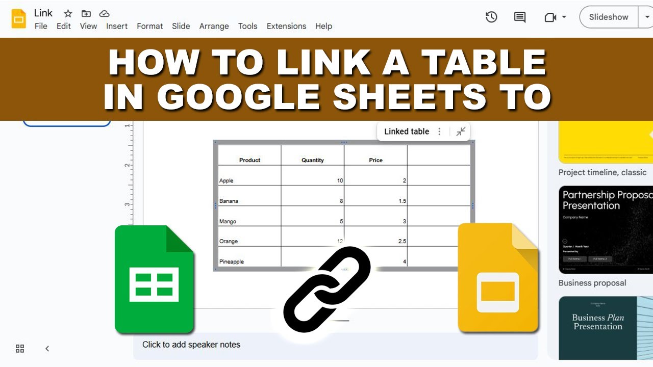 how to link a table in google sheets to google slides