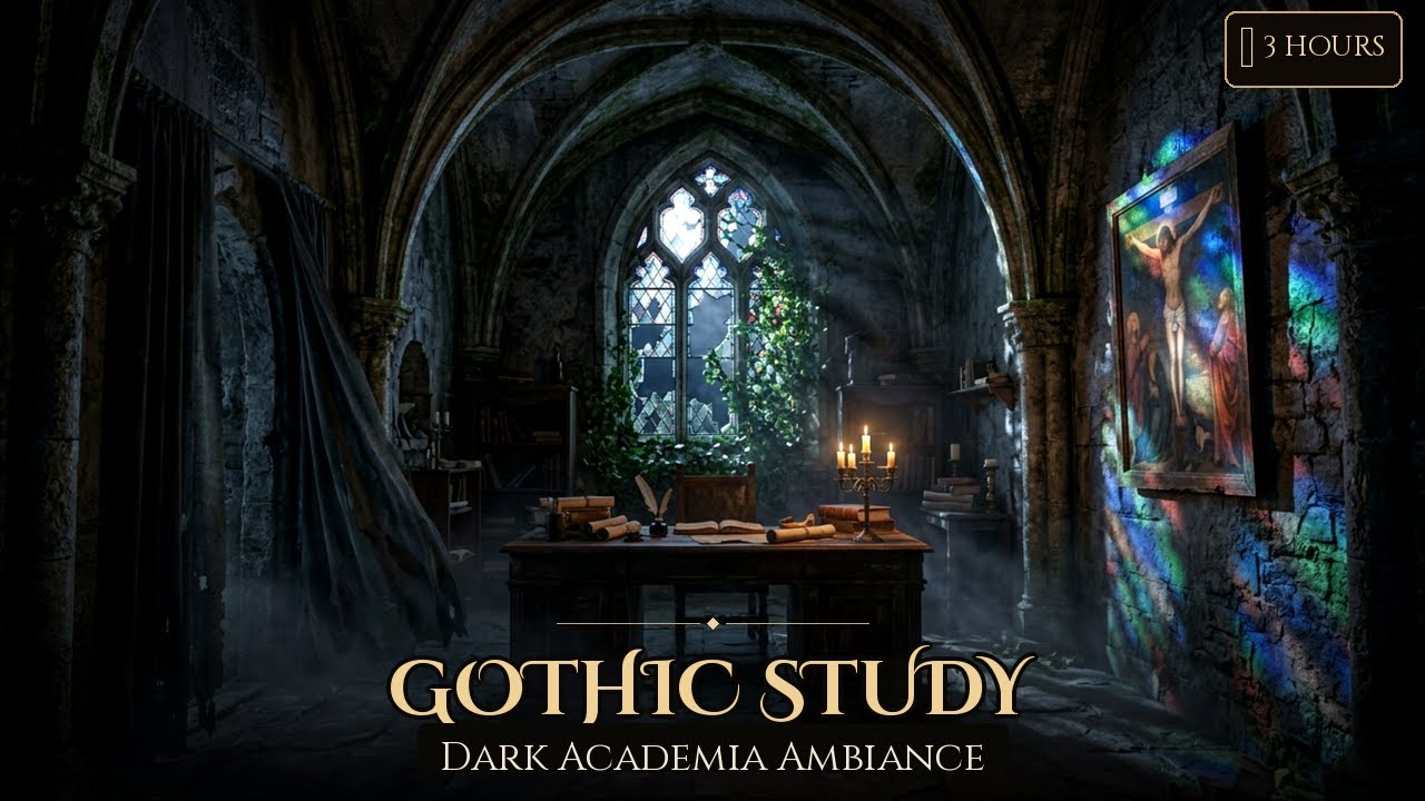 Gothic Study Room 🕯️ 3-Hour Dark Academia Ambiance | Candles, Rain & Classical Music