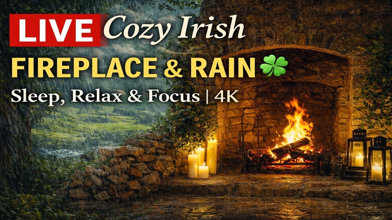 LIVE Irish Fireplace & Rain 🍀🔥Deep Sleep Celtic Ambience | 4K