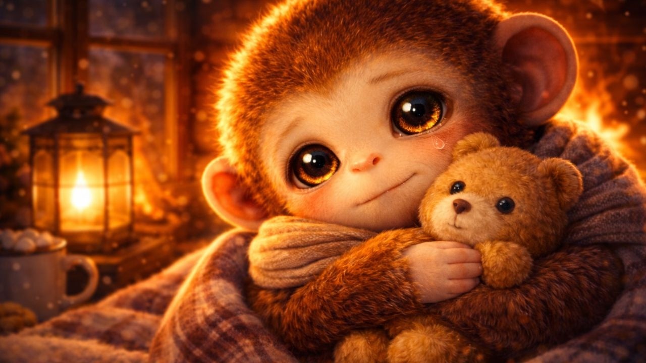 Little Monkey Finally Felt Safe Tonight 🐒🧸🔥 | 1 Hour Cozy Fireplace Piano