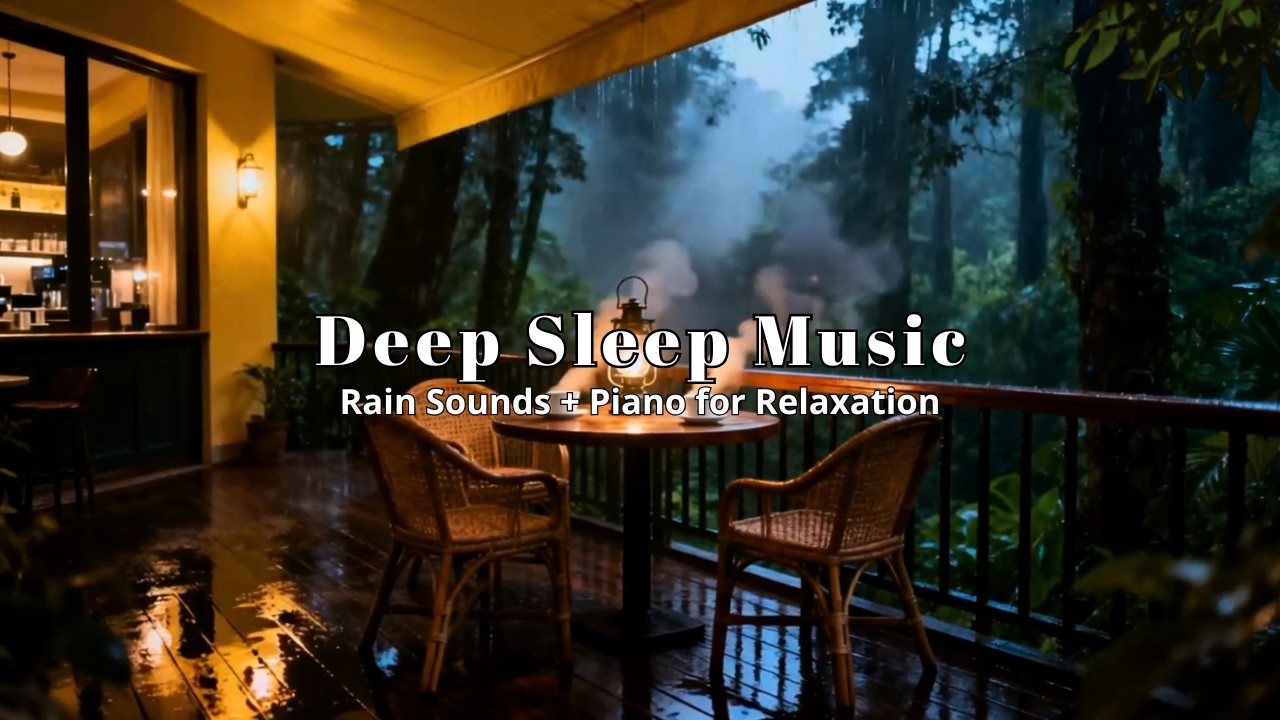 Relaxing Music with Rain Sounds & Piano Forest Cafe Terrace for Deep Sleep | Cozy Rainy Night