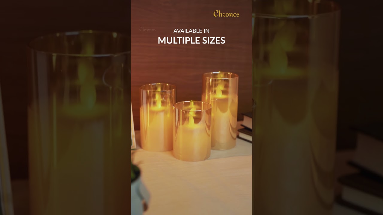 Golden Glass LED Moving Flame Pillar Candle | Remote Control for Ultimate Convenience!