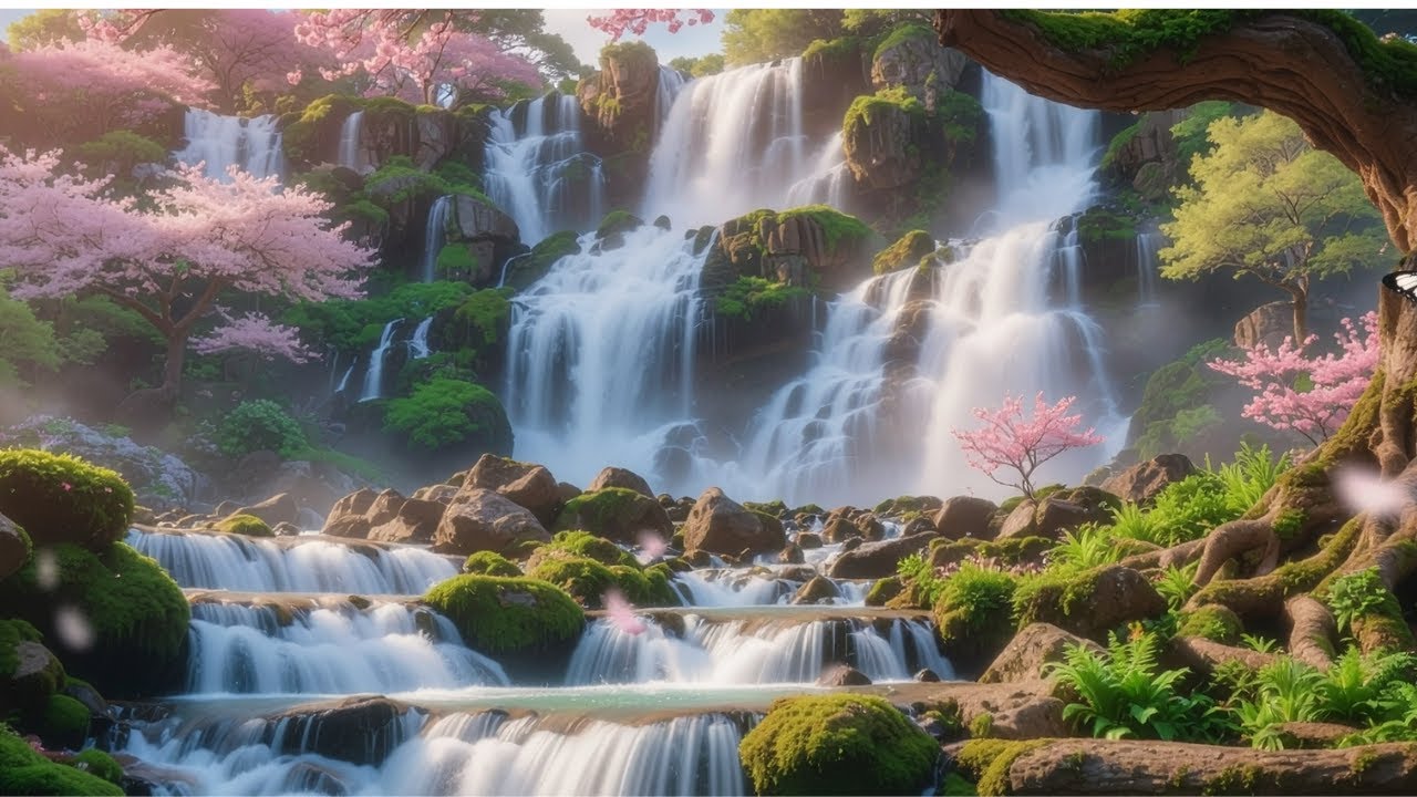 🌸 Enchanted Waterfall Paradise | Dreamy Spring Landscape with Butterflies & Cherry Blossoms 🌿✨