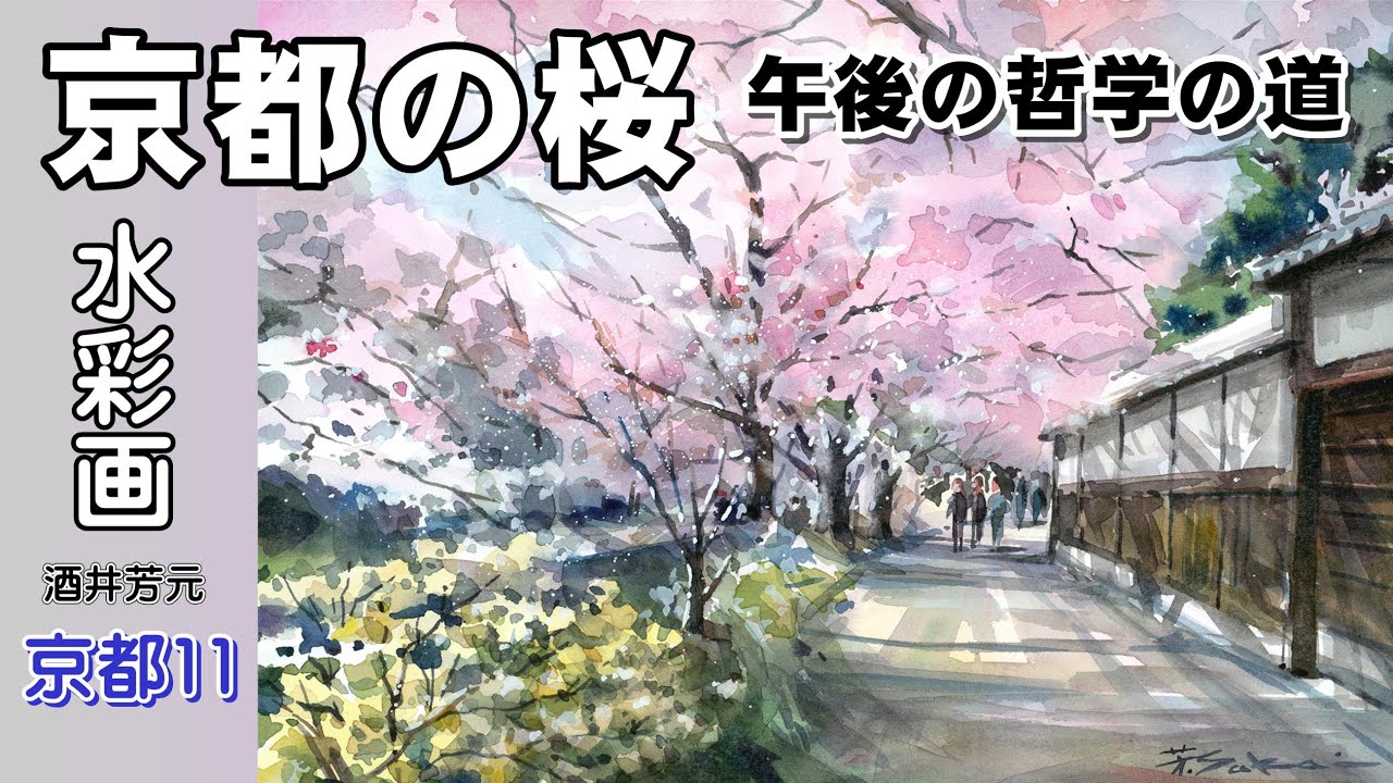 京都の桜　午後の哲学の道　水彩画　酒井芳元
