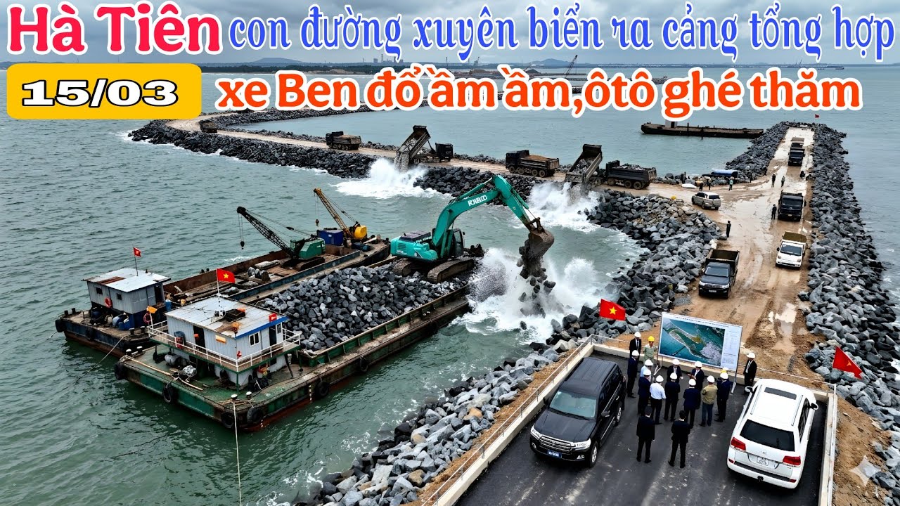Hà Tiên 15/03 đường xuyên biển ra cảng tổng hợp,ra xa lắm rồi ôtô ghé xem tốc độ thi công