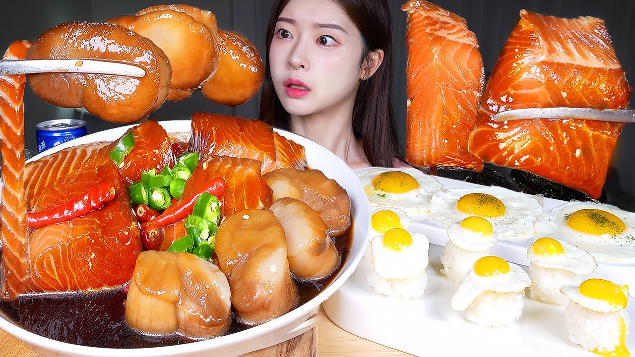 ASMR MUKBANG | Лосось, маринованный в соевом соусе и гребешки, маринованные в соевом соусе 🧡🐟