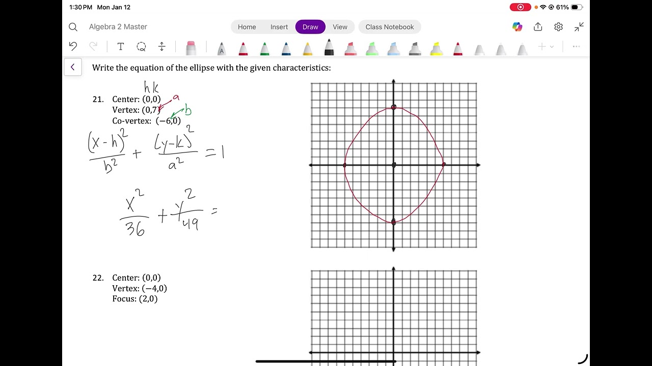 Chapter 10   Writing Equations of Ellipses Examples 1 and 2