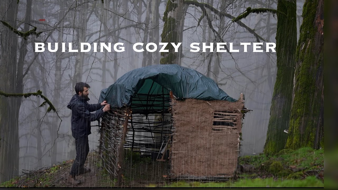 Building a Rain Shelter Cabin Alone | Survival Hut in Heavy Rain (DIY Wood Cabin in the Wilderness)