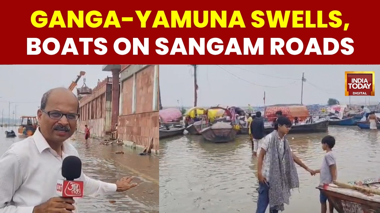Prayagraj Flood: Ganga-Yamuna Swell, Boats On Sangam Roads As Water Reaches Lete Hanuman Temple