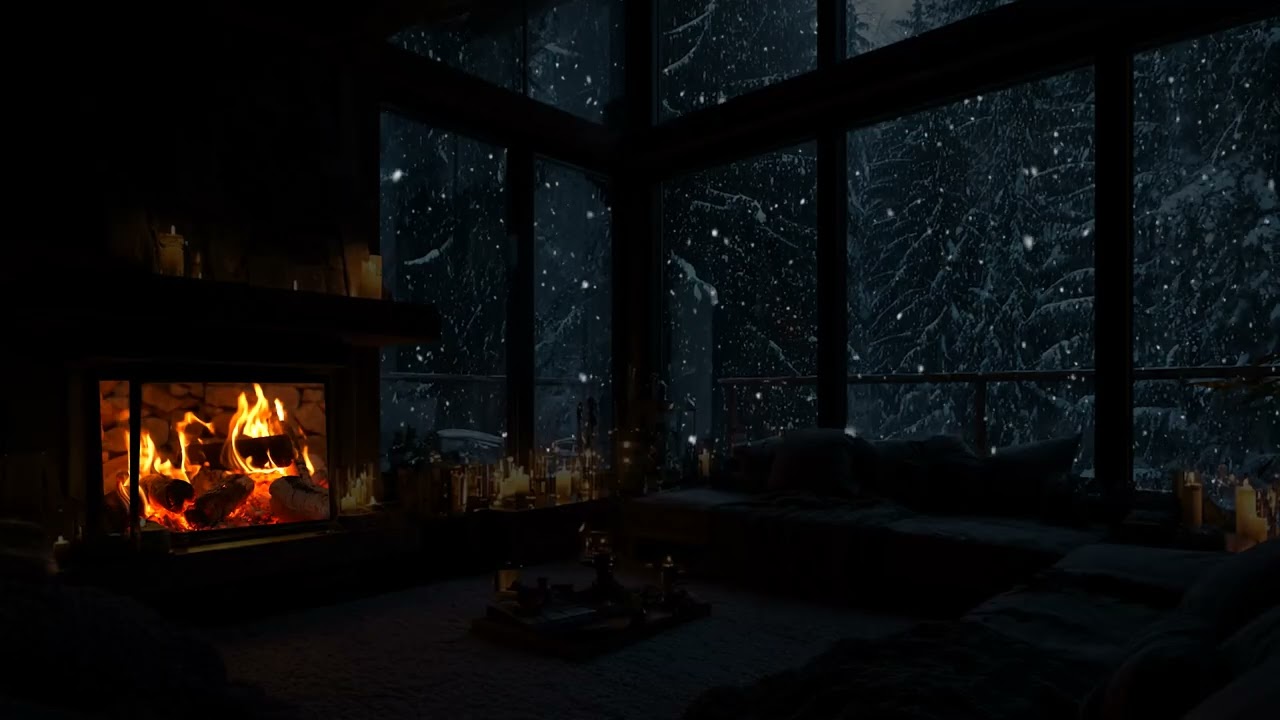 Warm Fireplace Glow in a Cozy Snowy Cabin Night  Peaceful Sleep & Healing Ambience