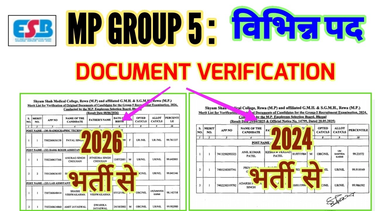 MP GROUP 5 - DOCUMENT VERIFICATION - VARIOUS POSTS - SSMC REWA GROUP 5 DOCUMENT VERIFICATION MPESB