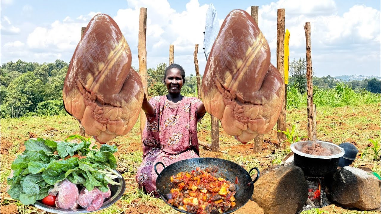 Bull Heart Dish Recipe |African Mum Fries Bull Heart +Building Our Outdoor Kitchen |Village Cooking