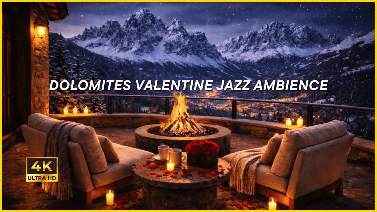 DOLOMITES VALENTINE JAZZ AMBIENCE (4K) | Romantic Night Ambience, Alpine Balcony Fireplace View