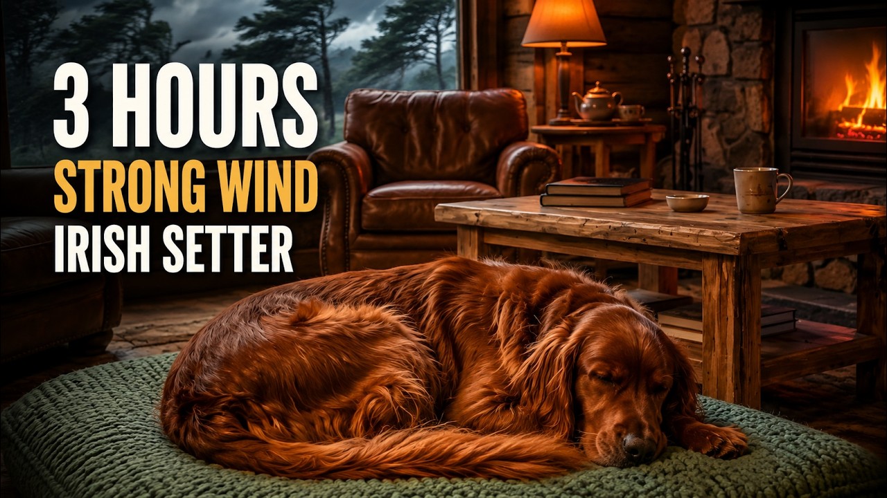 Cozy Cottage with Strong Wind & Fireplace Sounds 🌬️ Winter Storm Ambience for Sleep (Irish Setter)
