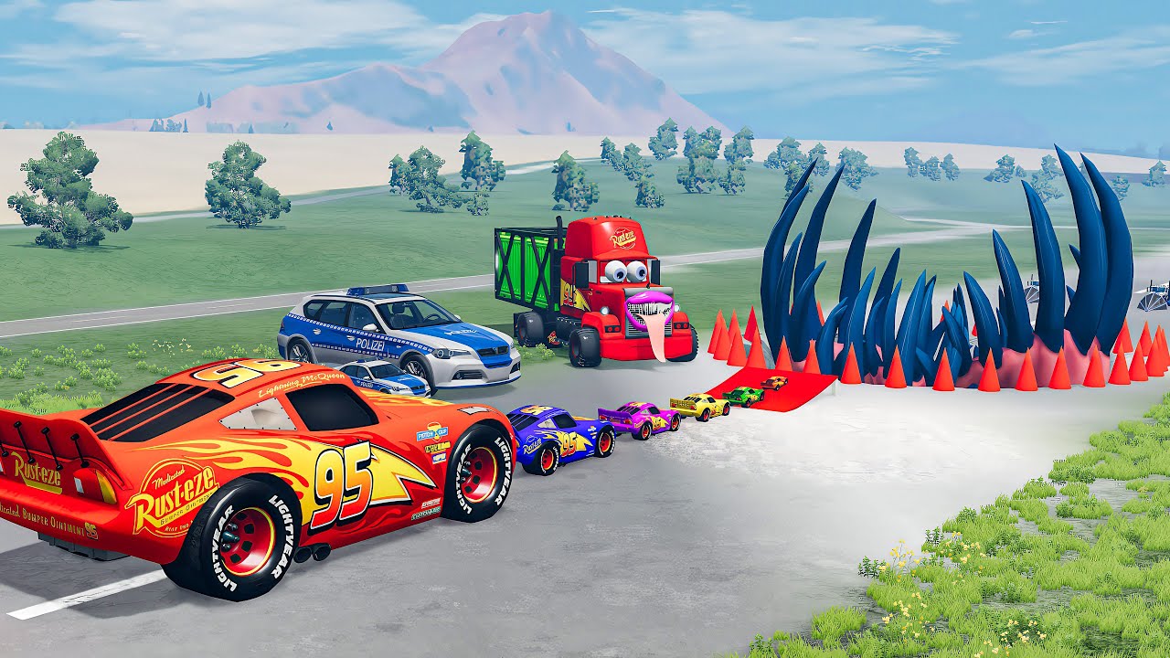 Big & Small Lightning McQueen, Police Car vs Zombie Mack Truck & Giant Monster Mouth – BeamNG.drive