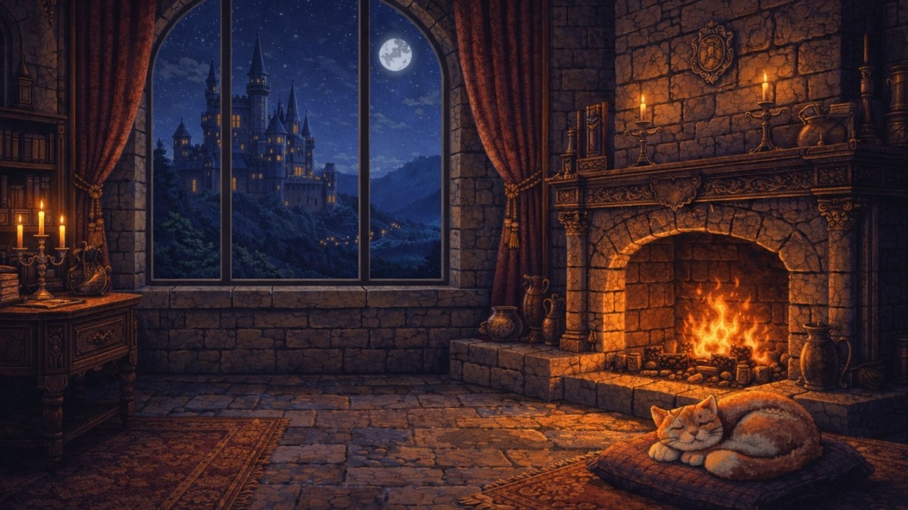 By the Fireplace — Cozy Castle Night with Purring Cat Ambience
