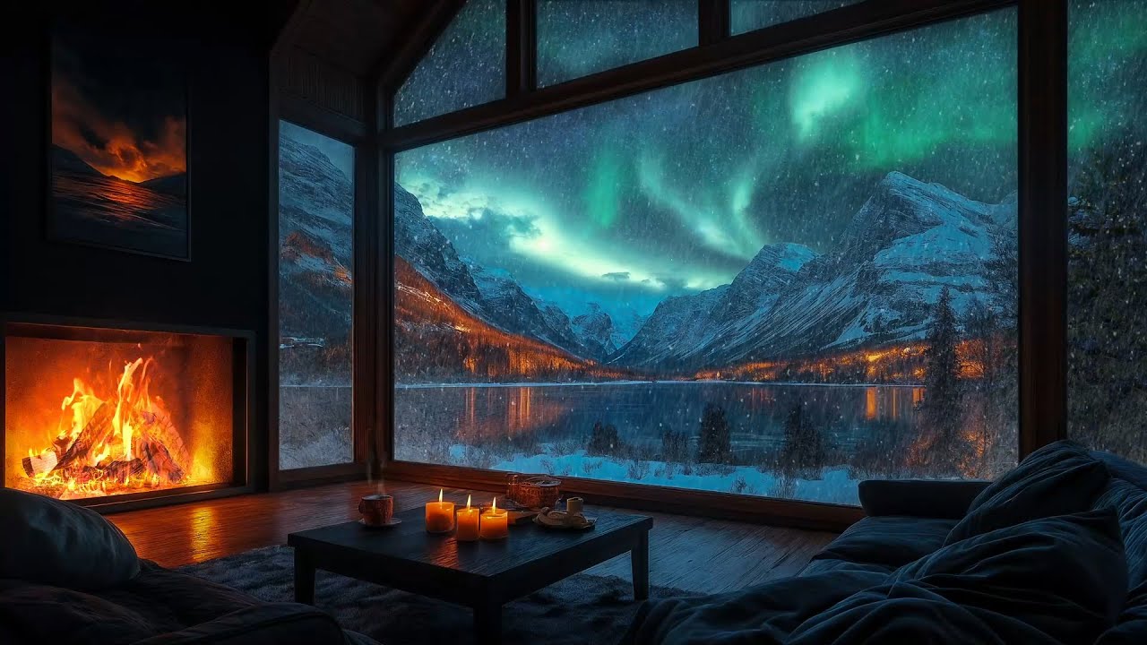 Cozy Cabin by the Frozen Lake: Aurora Borealis & Snowstorm ASMR for Deep Sleep ❄️💤