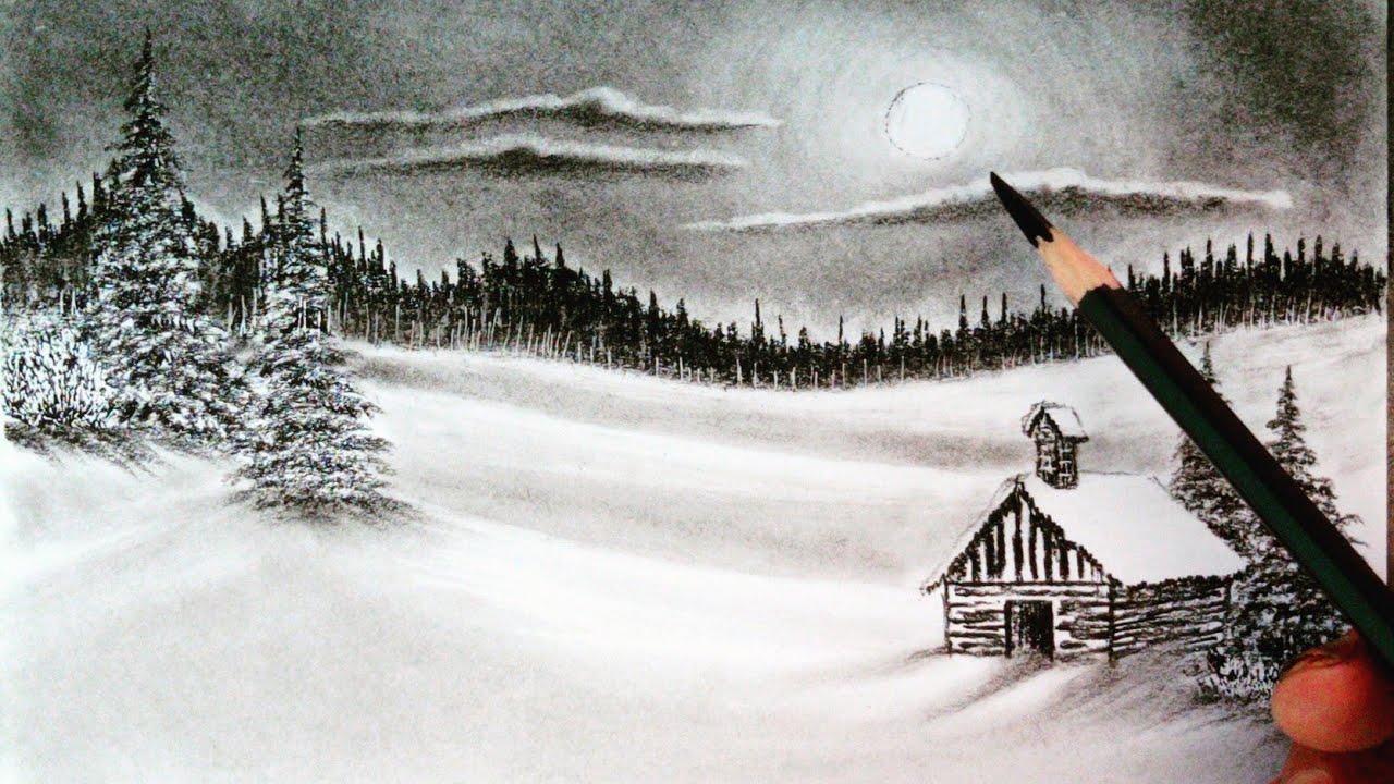 Night mode moon light winter landscape scenery drawing easy//