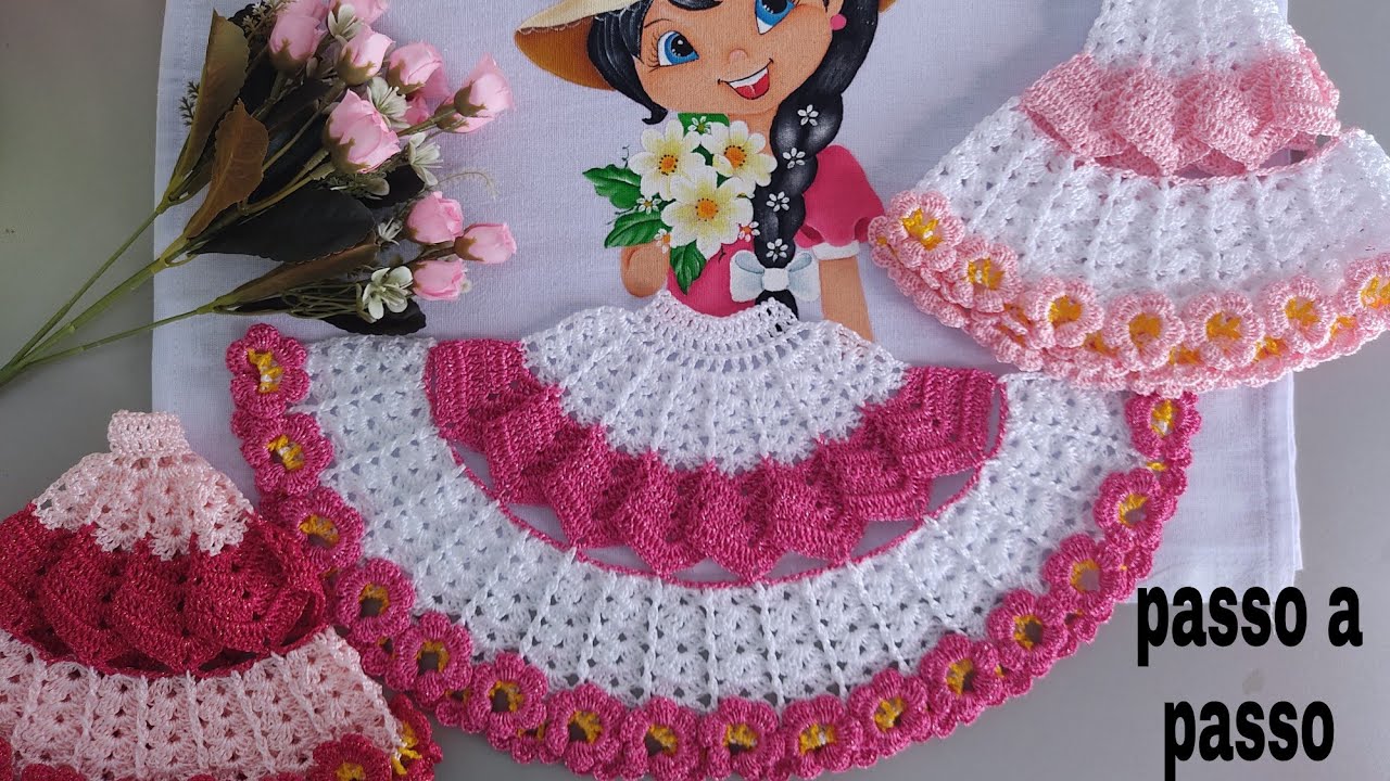 saía de crochê para boneca pintada em pano de prato (passo a passo)