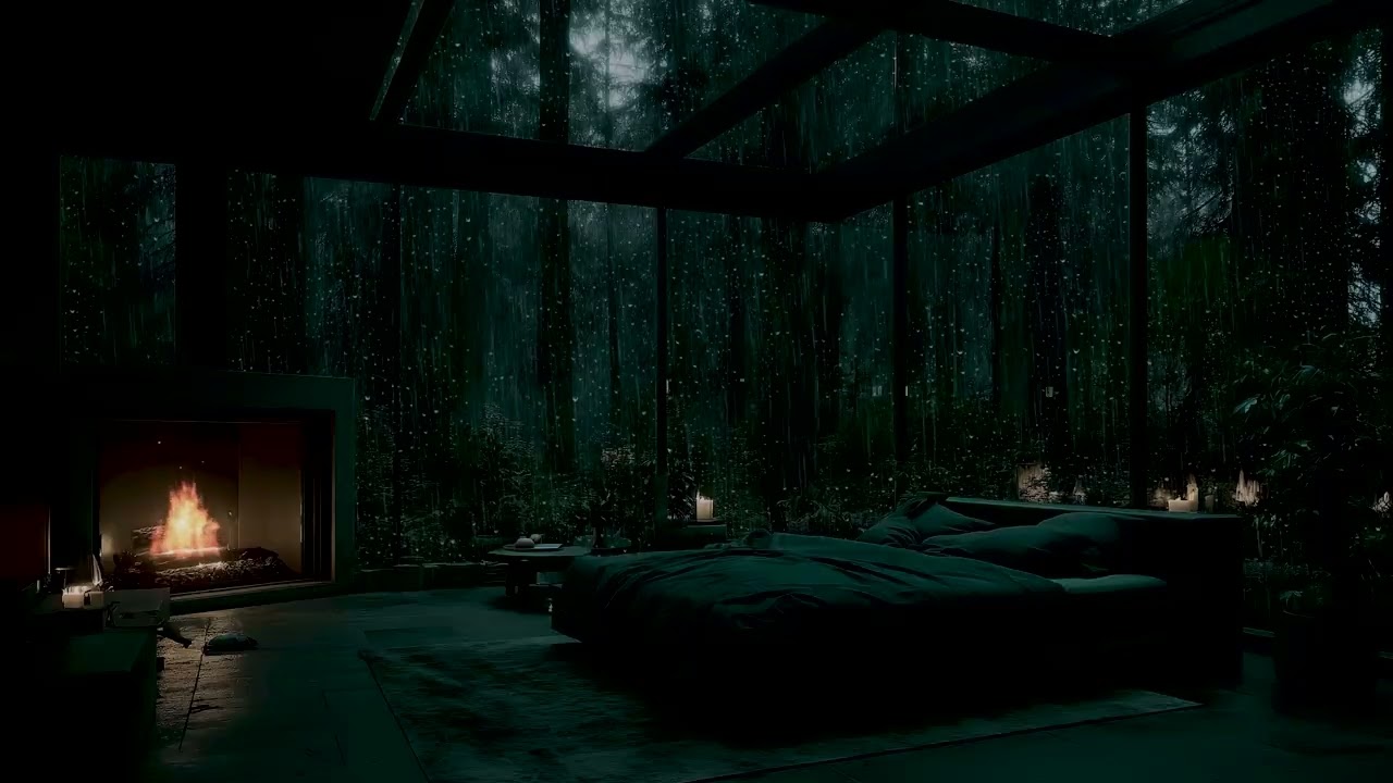 Glass Cabin in Heavy Rain 🌧 Cozy Fireplace Bedroom in the Forest for Sleep & Relaxation
