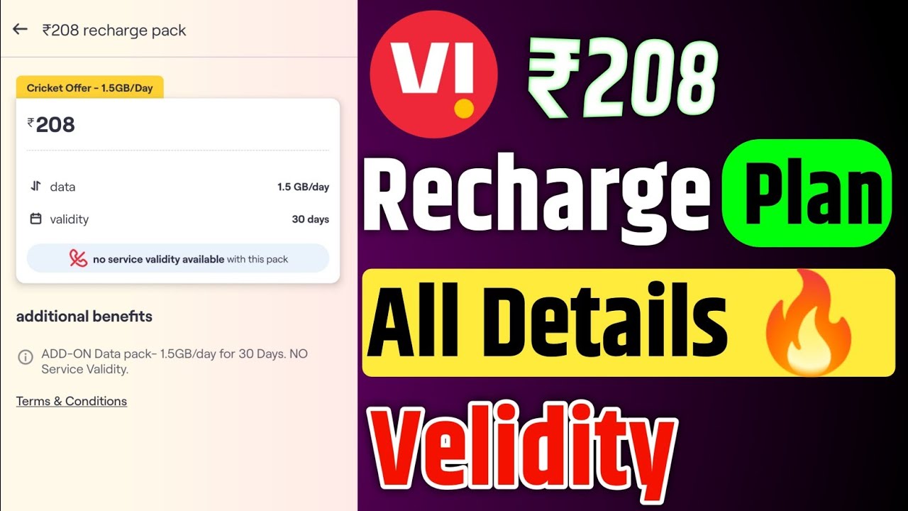 Vi ₹208 Recharge Plan All Details 🔥 | Vodafone Idea ₹208 Data Top Up Plan All Details