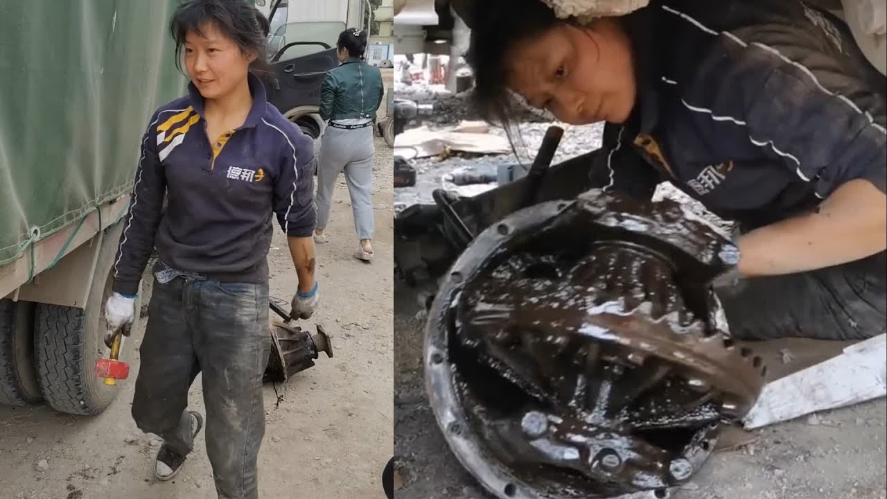 Young Female Mechanic Disassembles a Truck Rear Axle: The Perfect Blend of Courage and Skill