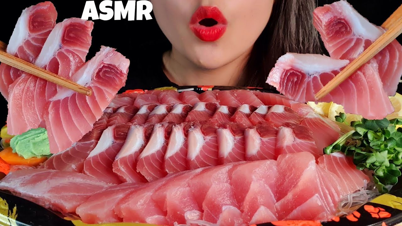 ASMR Сашими из тунца Едят звуки Жевательные и хрустящие звуки Сырая рыба есть шоу