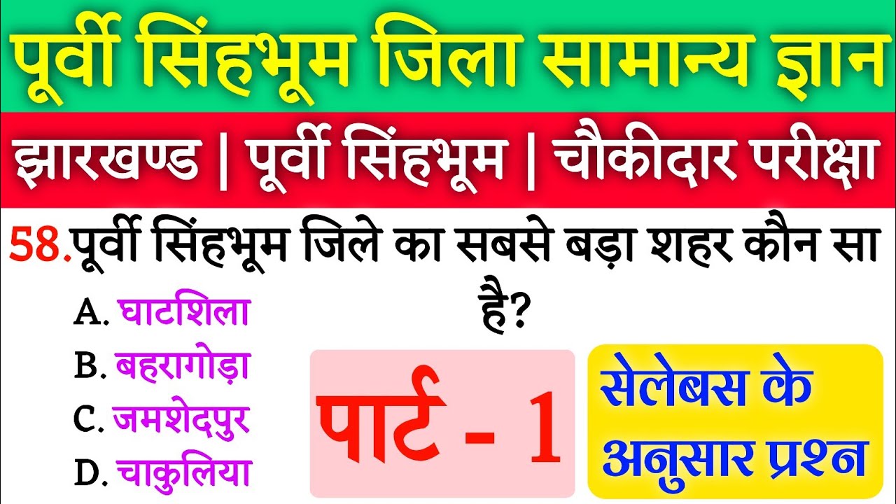 पूर्वी सिंहभूम जिला झारखण्ड सामान्य ज्ञान | Purvi Sihbhum | चौकीदार परीक्षा | Jharkhand Gk