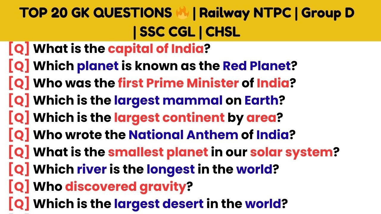 TOP 20 GK QUESTIONS 🔥 | Railway NTPC | Group D | SSC CGL | CHSL