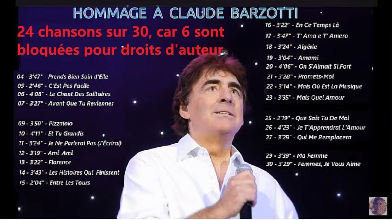 Claude Barzotti Ultime Hommage Ses 24 Plus Beaux Succès The Best Of Claude Barzotti 