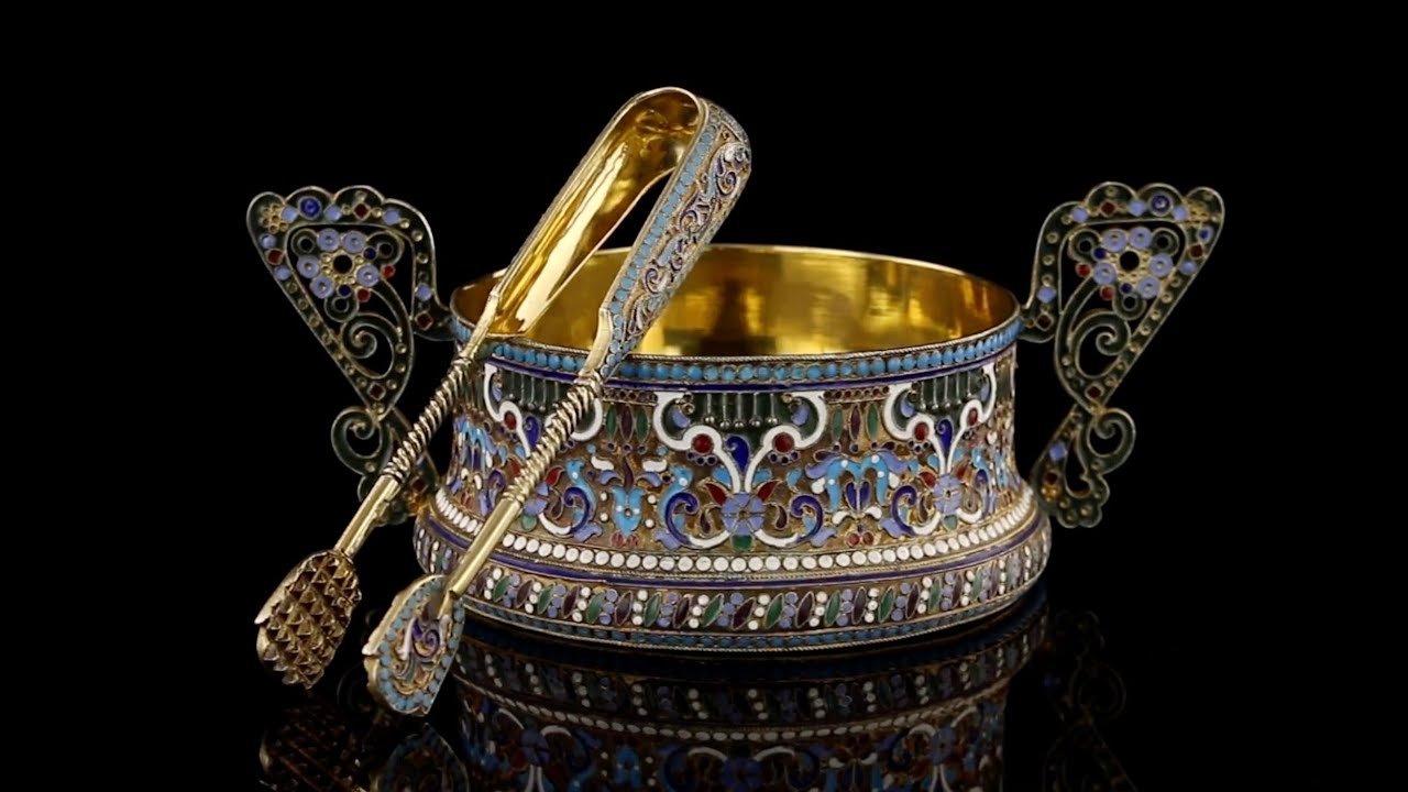 ANTIQUE 20thC IMPERIAL RUSSIAN SOLID SILVER & ENAMEL SUGAR BOWL & TONGS c 1910