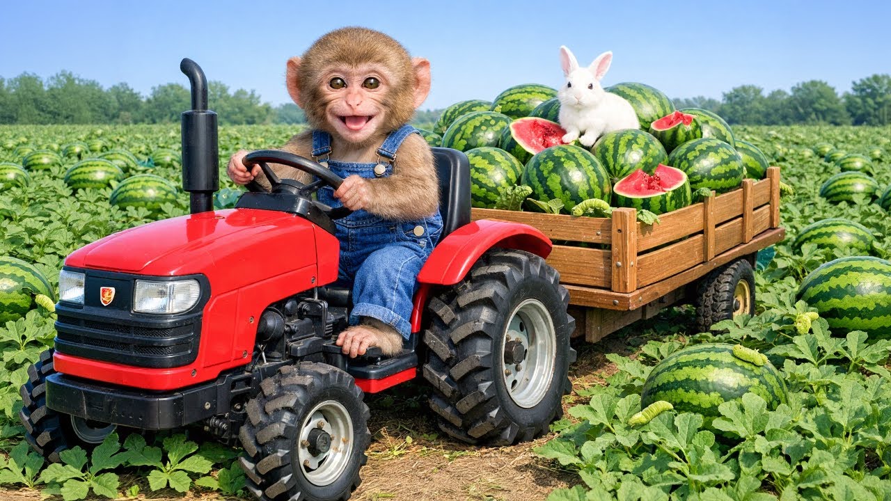 Monkey Farmer on Tractor vs Green Worms in Watermelon Garden! - Monkey Farm Work | MyNi Monkey Farm