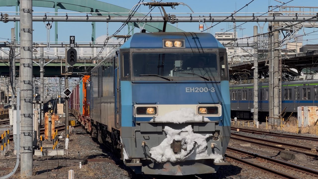 【4K高画質】【着雪多数有り！】JR貨物EH200形3号機〔髙〕＋赤コキ200形3両＋コキ20両が大宮駅6番線を通過するシーン（2088レ・高A212・コンテナ輸送）2026.1.29