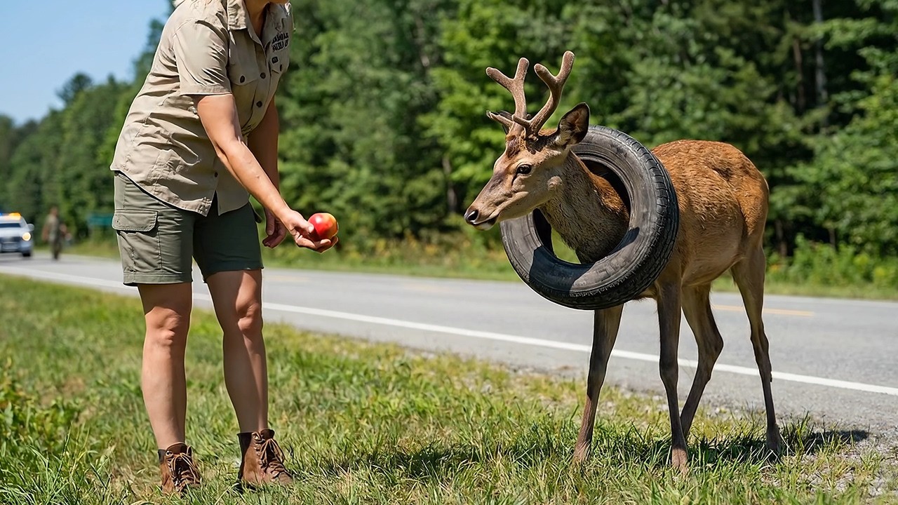 Спасение молодого оленя, застрявшего в автомобильной шине.