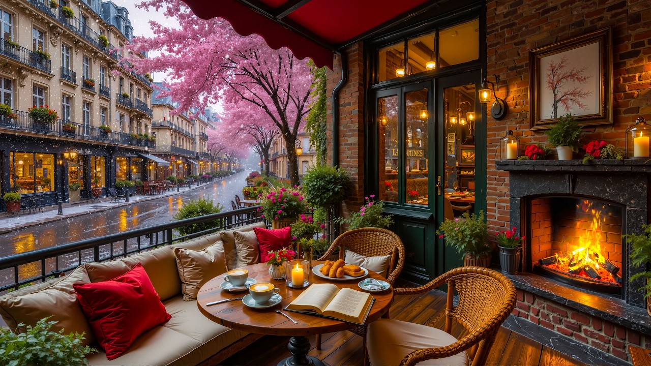 🌧️ Rainy Paris Balcony Café Jazz ☕ Cozy Fireplace Evening Ambience for Relax & Sleep 4K