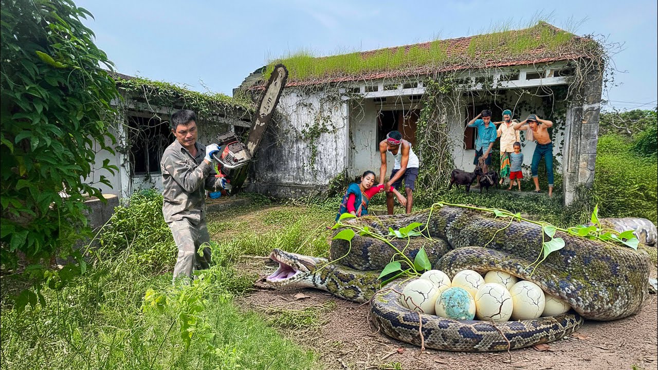Giant python guards giant nest of eggs in abandoned house - Old Man Warns the Cleaning Team! 👻😱