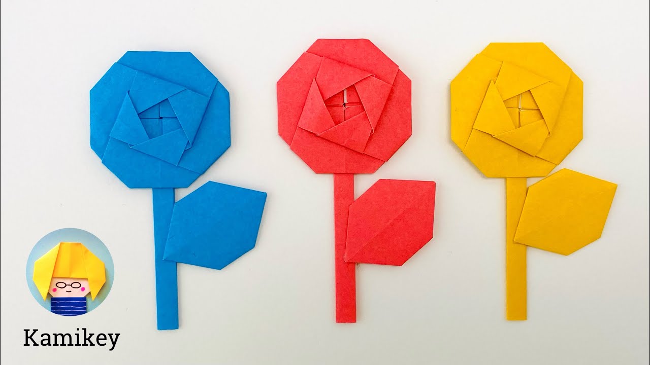 折り紙　バラ一輪　Origami Rose（カミキィ kamikey)