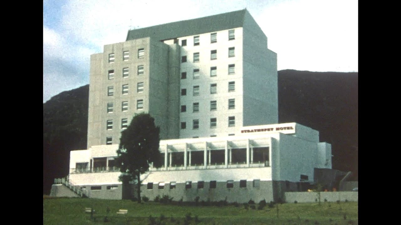 Vintage film of showing the Aviemore Centre resort in Speyside Scotland from late 60s or early 70s