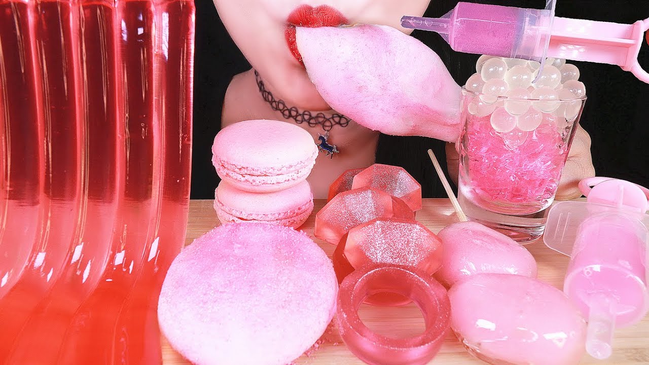 ASMR CANDIED MOCHI, JELLY NOODLES, JELLO SHOOTER, MACARONS, GUMMY EDIBLE RINGS, POPPING BOBA 咀嚼音 먹방