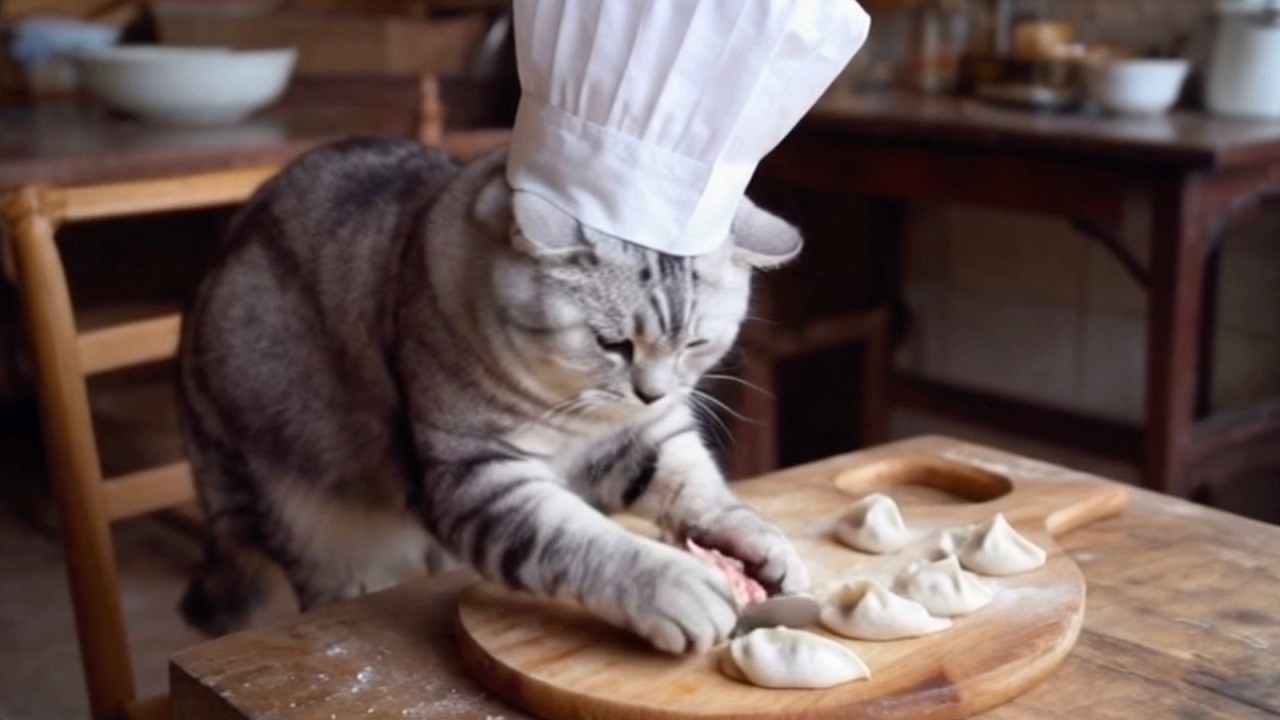 【Исцеляющий котёнок】Кот-повар готовит гёдза (китайские пельмени).