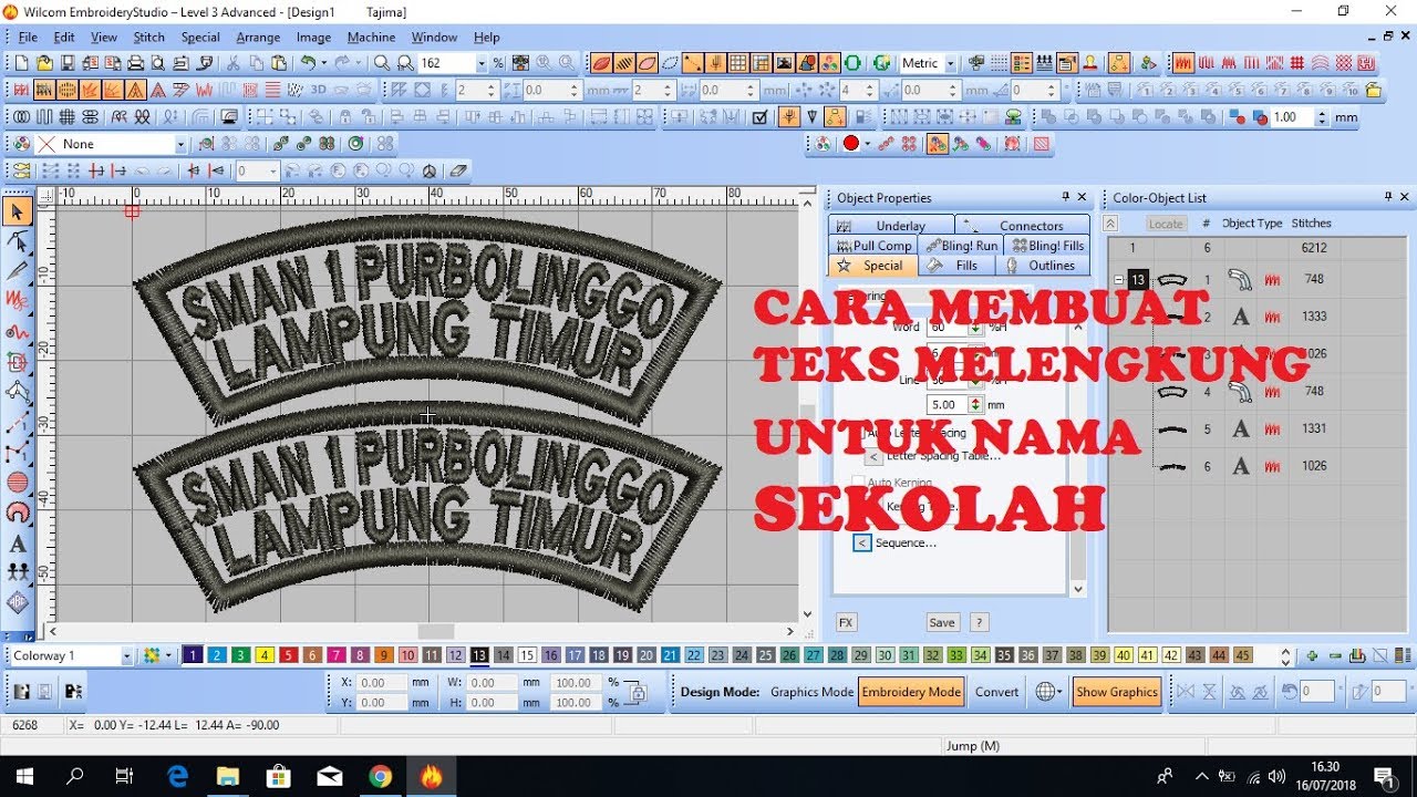 Tutorial Wilcom - Cara membuat teks melengkung untuk membuat nama sekolah di lengan baju
