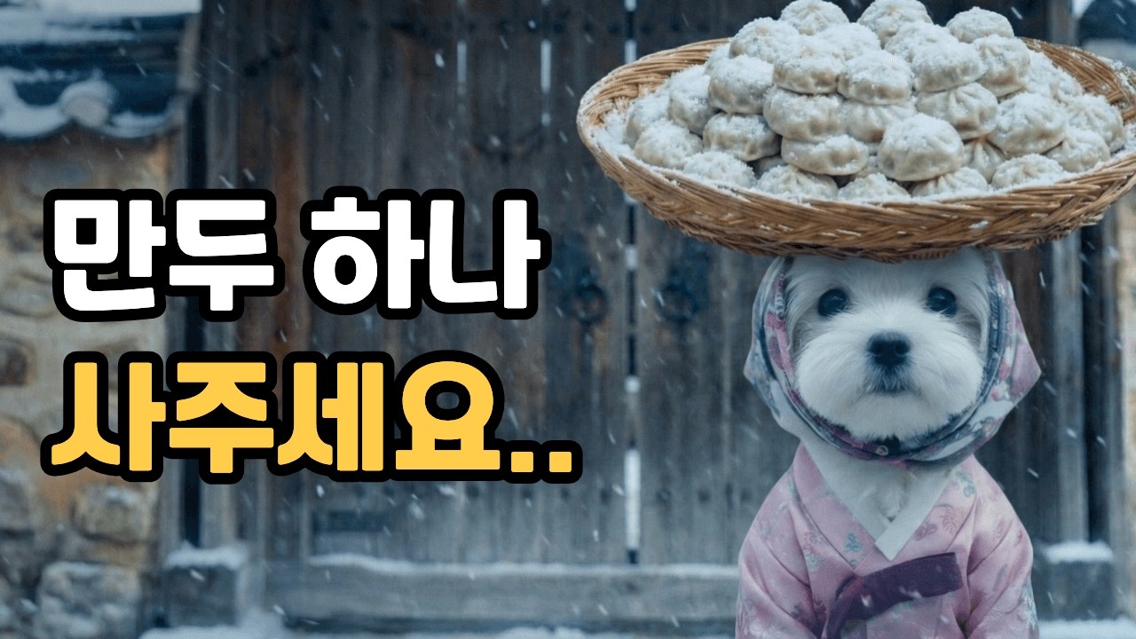 명절에 만두팔러 장터에 간 강아지