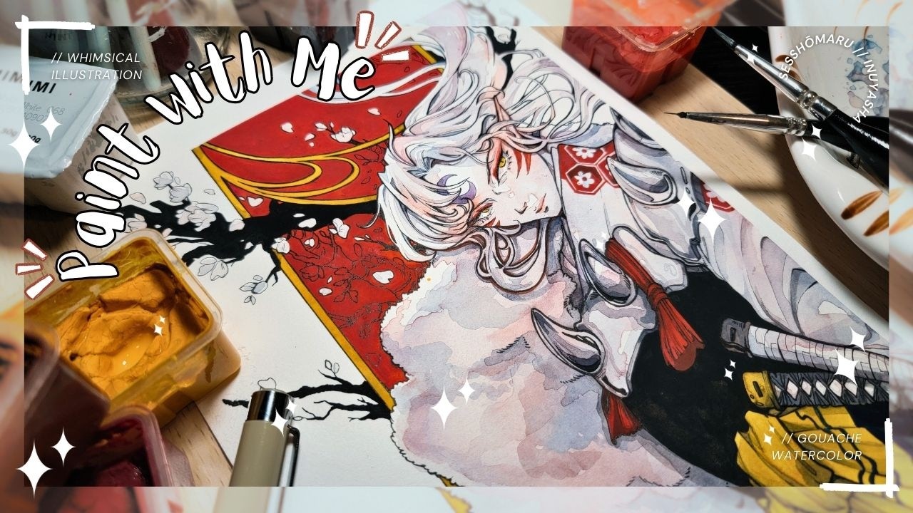 Sesshomaru 🏮🐺 ✮⋆˙  | Painting Anime Illustration with Gouache // Relaxing Vibe Art Vlog