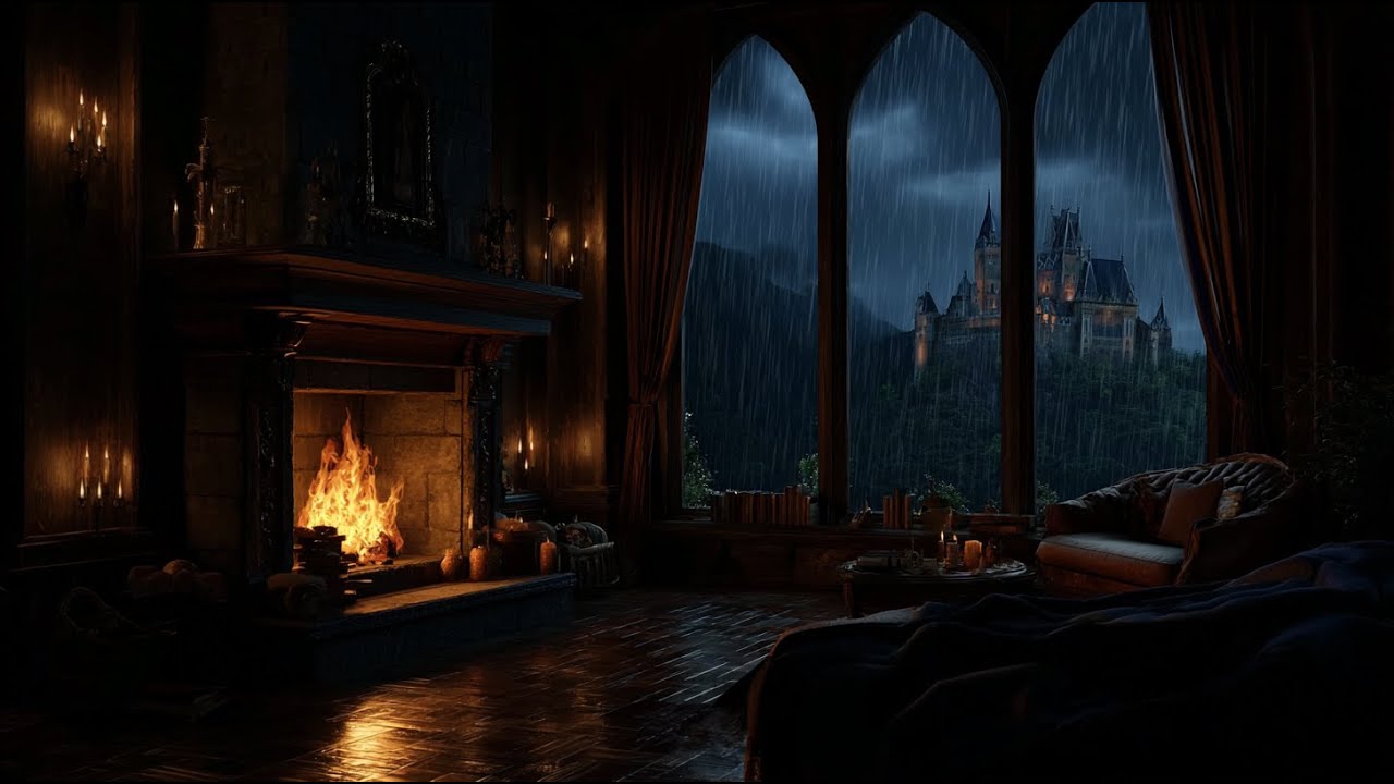 Castle Bedroom Rain & Fireplace Ambience for Deep Sleep, Anxiety Relief & Relaxation