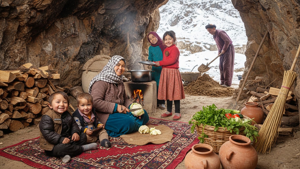 The Efforts of a Cave-Dwelling Man in Stormy Weather and Traditional Cooking Inside the Cave