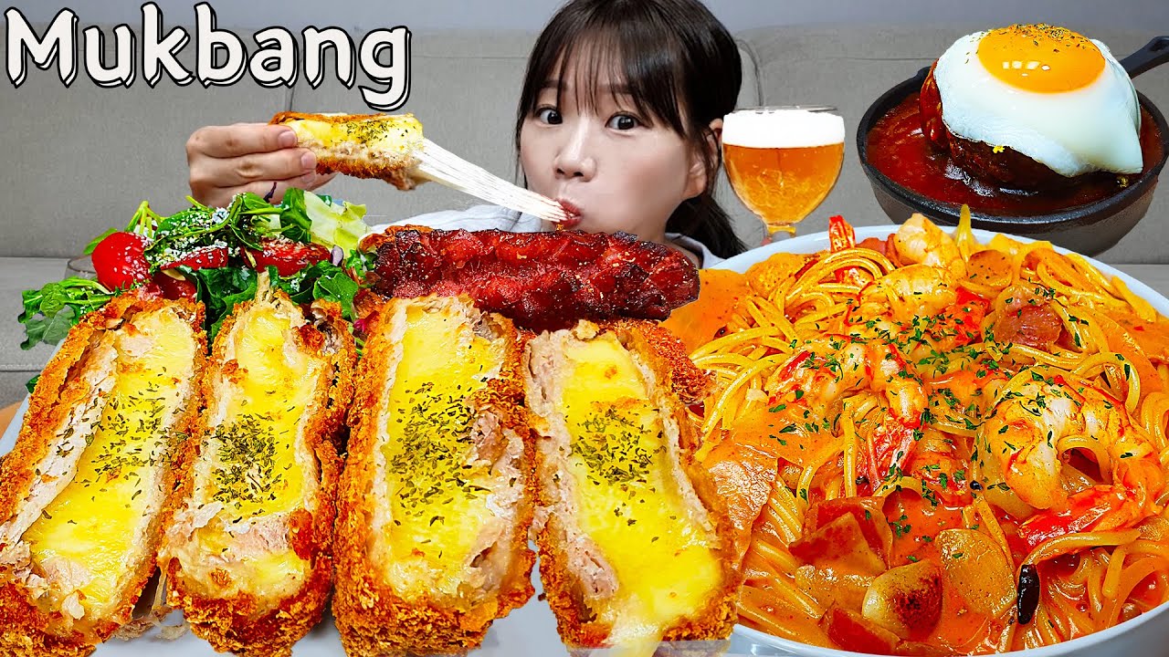 Sub)Real Mukbang- Сырная свиная котлета🧀 Огненная паста с курицей и сливками 🍝 Стейк-гамбургер🧆 ASMR