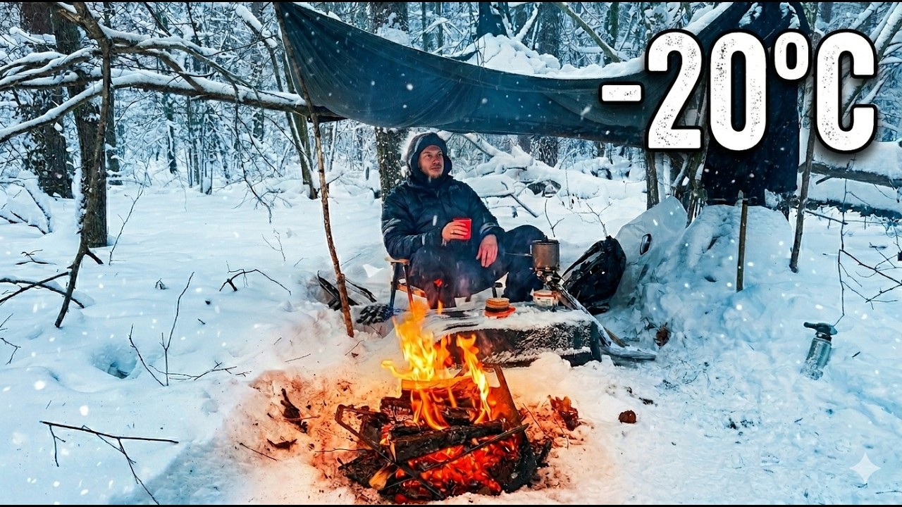 Alone in a Snowstorm Forest &mdash; Shelter, Fire & Winter Camp Cooking (No Music)