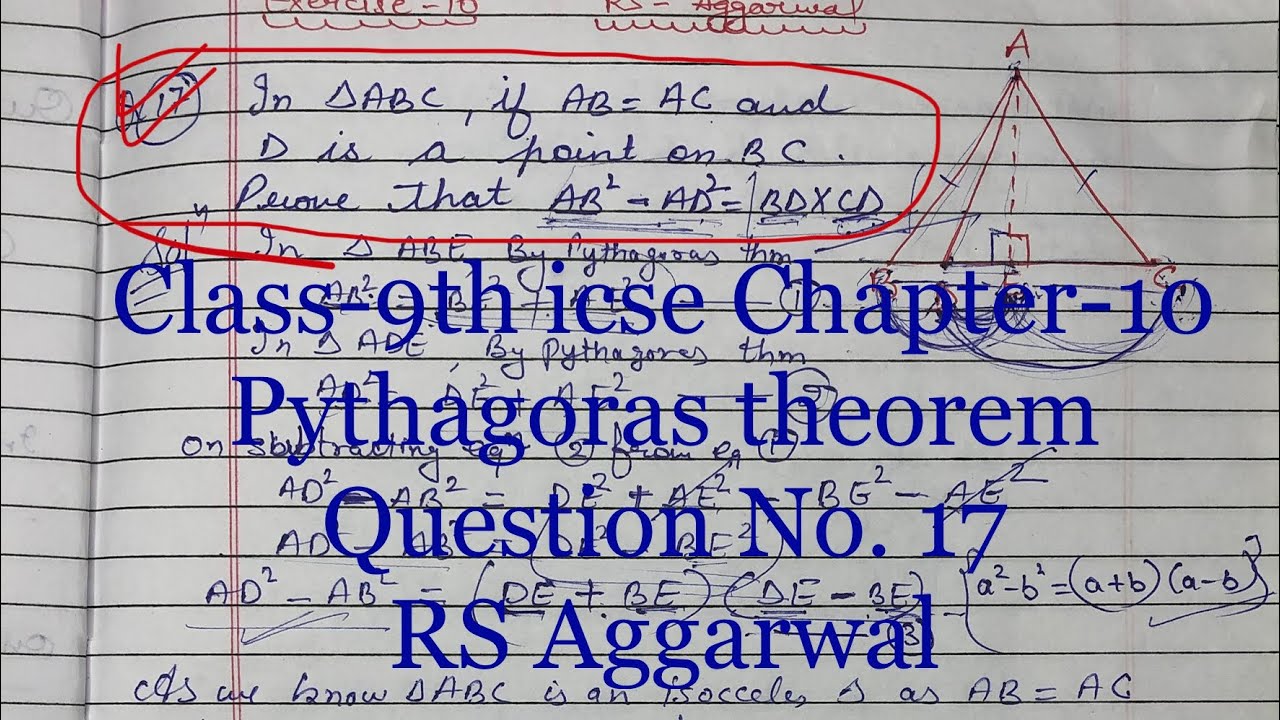 Class-9th Ex-10 Q.17 In triangle ABC if AB=AC and D is a point on BC. Prove that AB2-AD2=BD*CD.