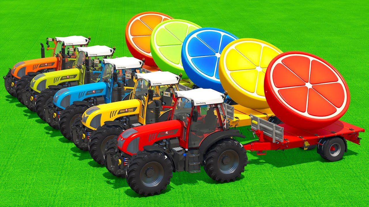 LOAD AND TRANSPORT GIANT ORANGE SLICES WITH RIGI TRAC TRACTORS & FORKLIFTS - Farming Simulator 25