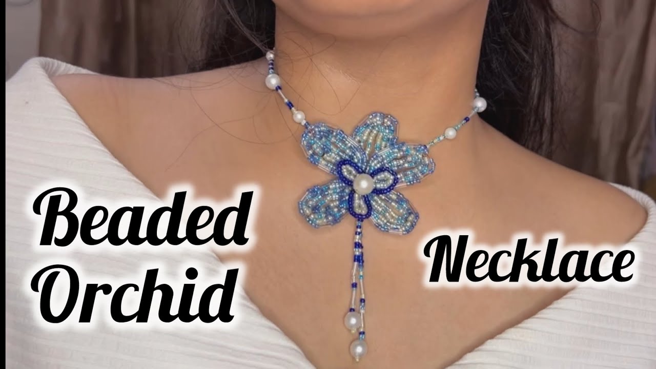 Beaded orchid necklace tutorial. #diyjwellery #beadsjewellery #orchid #crochetflower